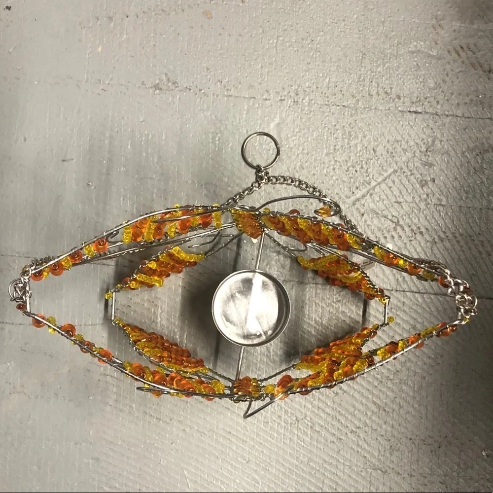 Vintage Pier 1 Orange & Yellow Beaded Butterfly Tea Light Hanging Garden Lantern